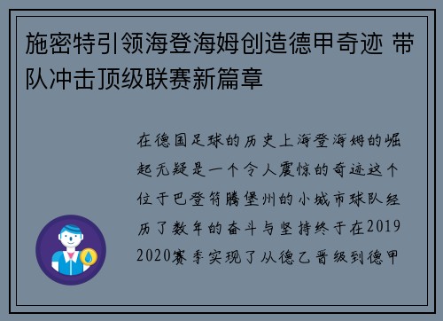 施密特引领海登海姆创造德甲奇迹 带队冲击顶级联赛新篇章 施密特引领海登海姆创造德甲奇迹 带队冲击顶级联赛新篇章